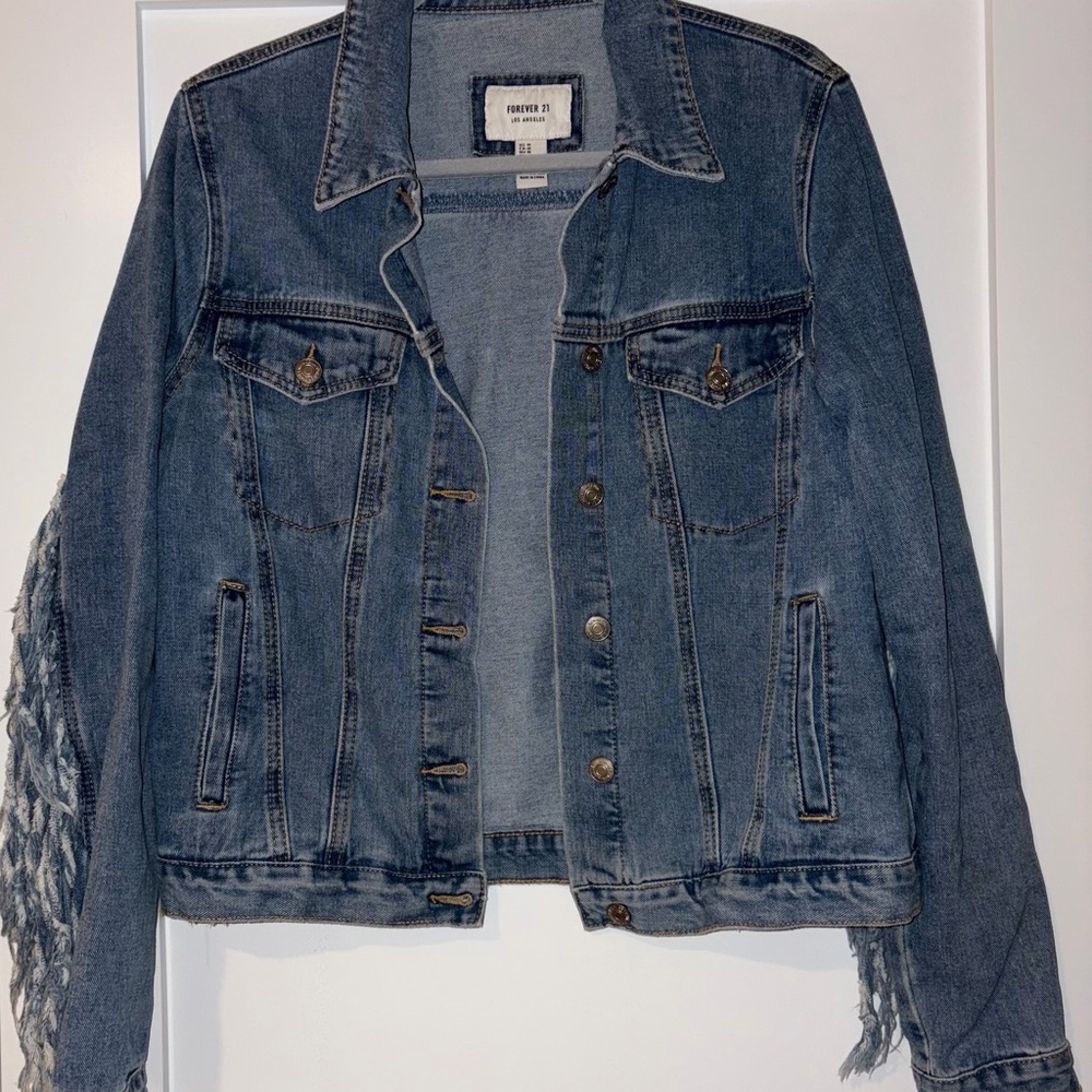 Forever 21 Medium Blue Denim Jacket with Fringe Sleeves